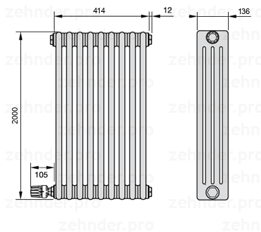 Схема (чертеж) Радиатор Zehnder Charleston 4200/9 №V003 Белый глянцевый RAL 9016